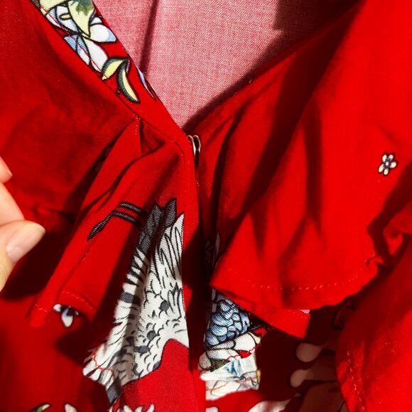Silver Jeans Co. Red Floral Wrap Dress with Ruffles | Size L | Cranes & Blossoms - Picture 8 of 12